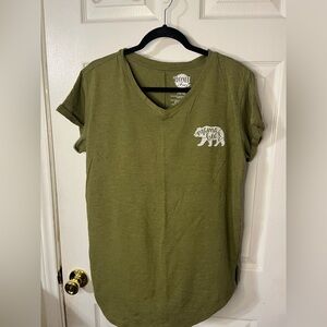 Olive Green V-Neck T-Shirt with Bear Graphic